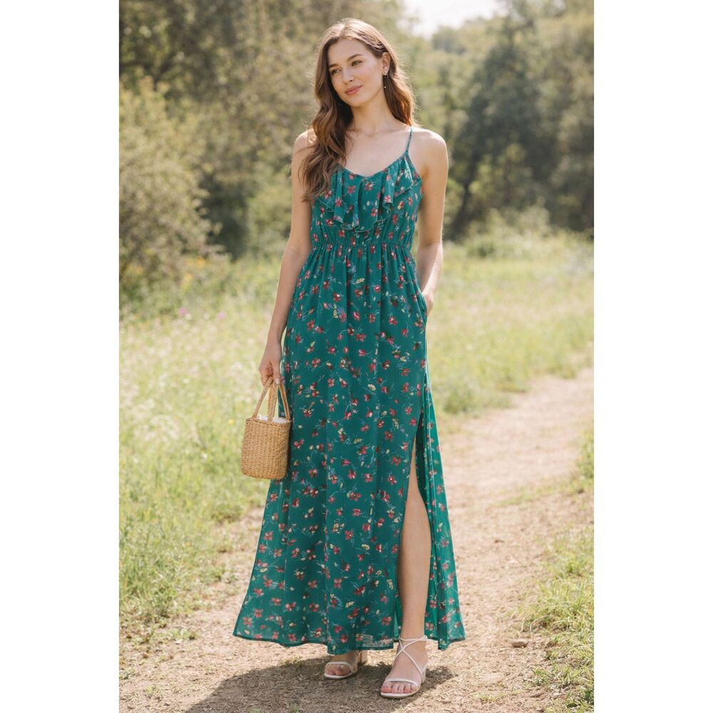 NWT Romantic Floral Maxi Dress Teal | Cottagecore Boho Sundress Pockets Slit